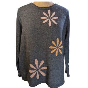 NoOoK Denmark Women's Charcoal Gray 100% Lambswool Trending Daisies Sweater XL